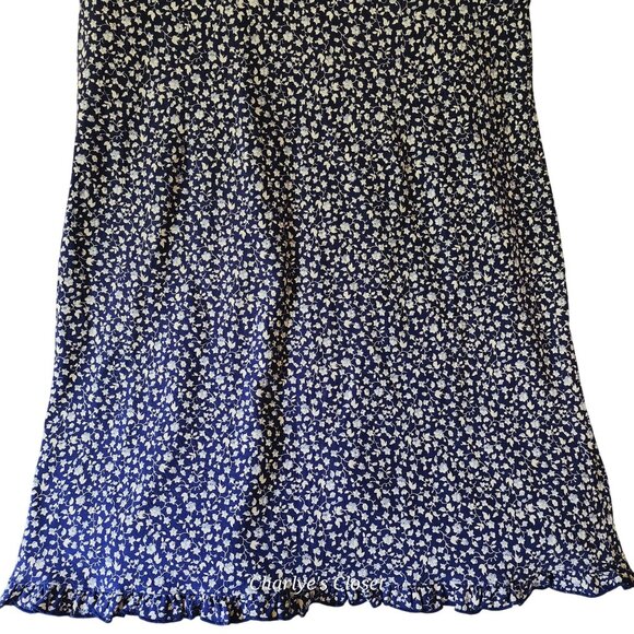 Eddie Bauer Classic Navy Floral Cottagecore Midi Dress Ruffle Trim Sz. XL Tall - Picture 7 of 10